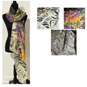 💯 Silk Floral Bouquet Scarf Animal Print Zebra Cheetah XL 85x41 Mixed Media